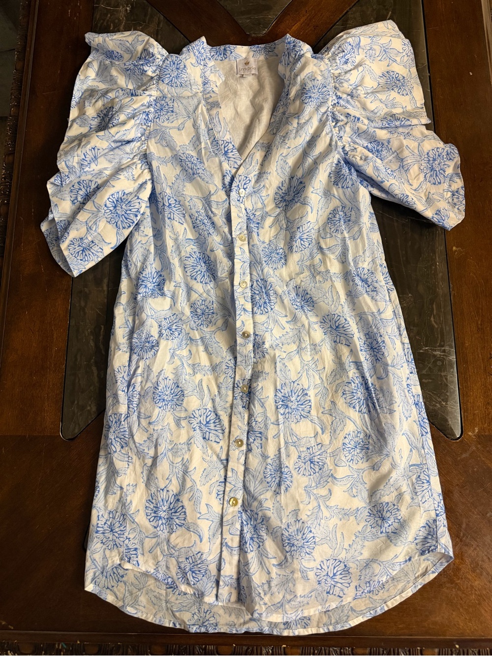 Light Blue Floral Button-Front Midi Dress with Puff Sleeves